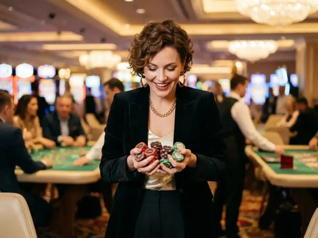 Fashionable woman inside a real casino holding winning chips at fachai casino with a confident celebratory expression