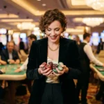 Fashionable woman inside a real casino holding winning chips at fachai casino with a confident celebratory expression
