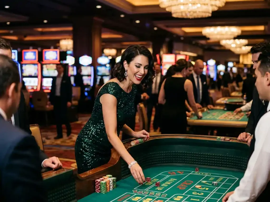 Glamorous woman enjoying casino floor action at fachai casino, captured inside a real casino setting with vibrant lights and gaming tables.