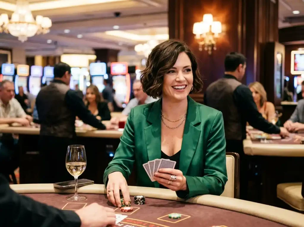 Stylish woman guest playing casino games inside a live casino floor at fachai casino, enjoying the vibrant gaming atmosphere