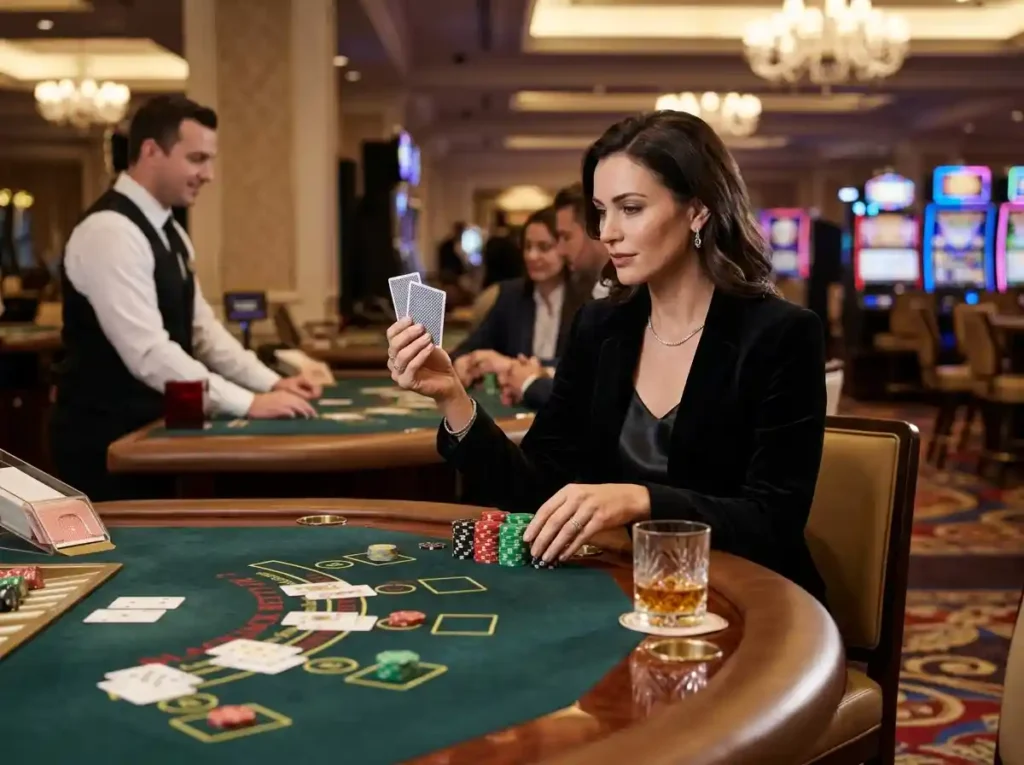 Fachai free 150 casino lifestyle lady holding playing cards and chips inside a live casino setting surrounded by gaming tables and lights