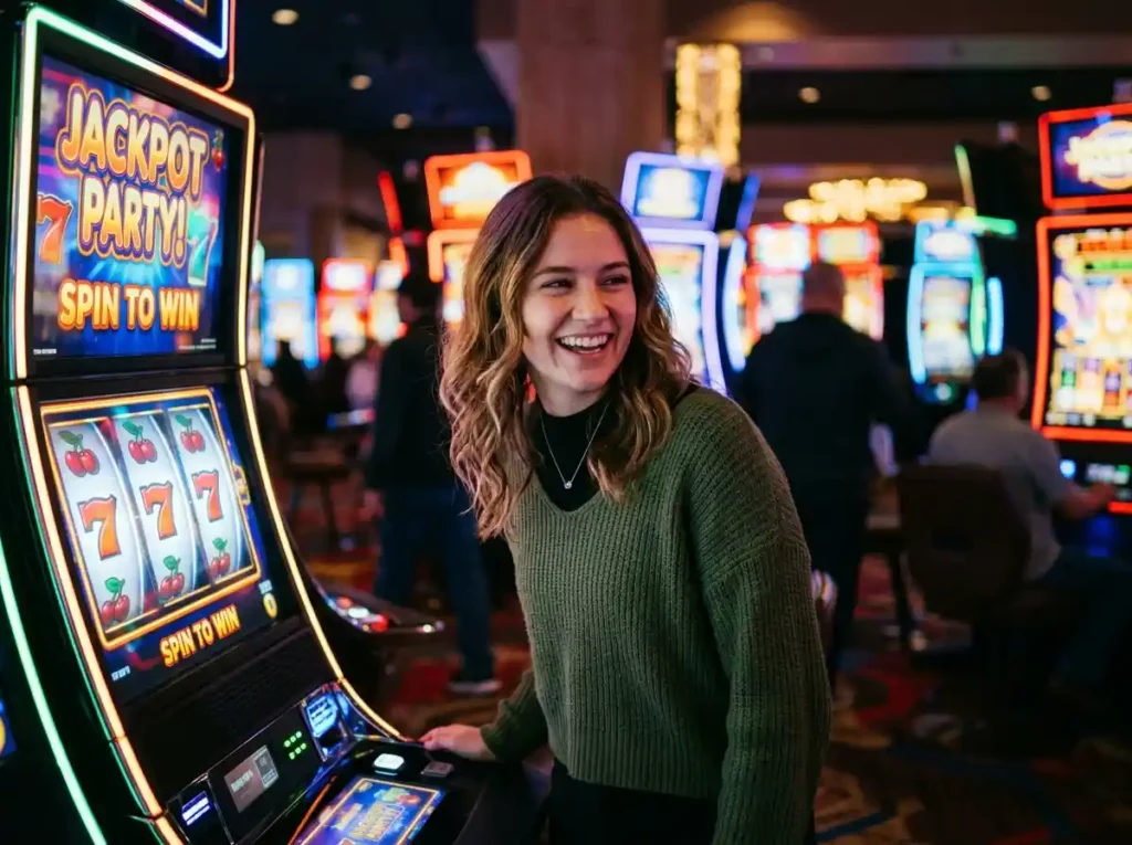 Smiling young woman inside a casino near glowing slot machine lights enjoying the moment with fachai free 150 promotion atmosphere.