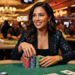 fachai free 150 stylish lady holding casino chips inside a real casino floor with gaming tables and lights