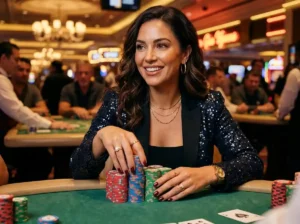 fachai free 150 stylish lady holding casino chips inside a real casino floor with gaming tables and lights