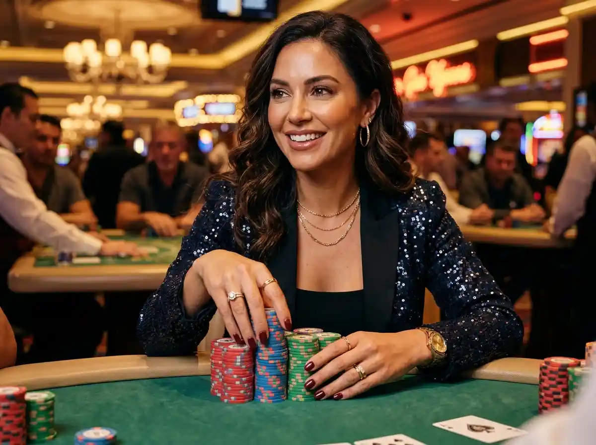 fachai free 150 stylish lady holding casino chips inside a real casino floor with gaming tables and lights