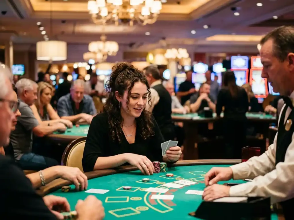 fachai free 150: young lady casino player inside a physical casino night scene with glowing slot machines and vibrant neon lights