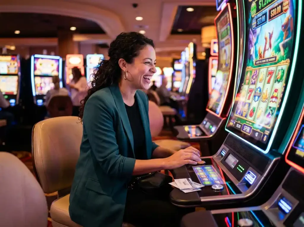 Fachai slot attractive woman enjoying slot machine session inside a real casino floor with illuminated gaming machines