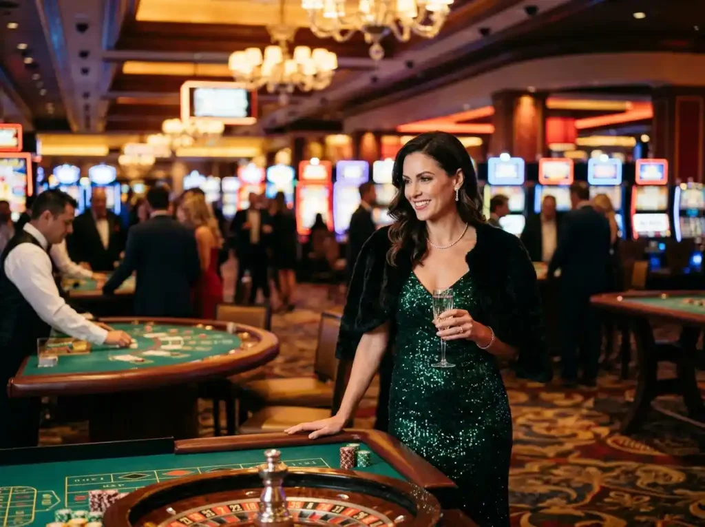 Glamorous lady inside a real casino surrounded by bright slot machines, featuring fachai slot gaming area and casino lights.