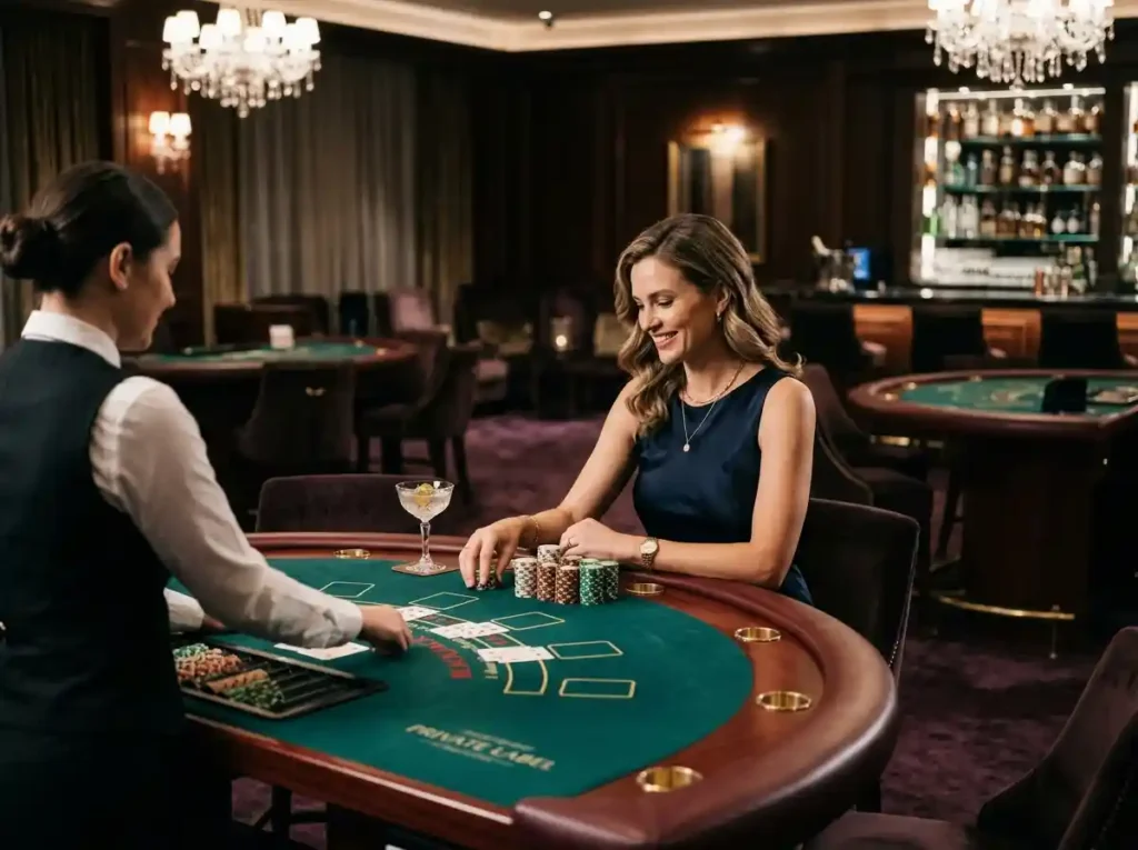 woman playing table games inside a luxury casino setting, enjoying the fachai slot gaming experience atmosphere with elegant casino tables and vibrant lighting