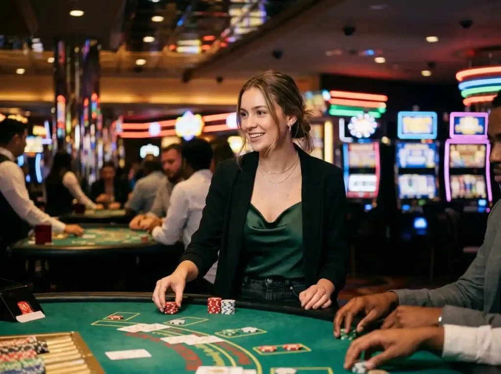 fachai slot young woman player in casino night scene playing table games inside a real casino