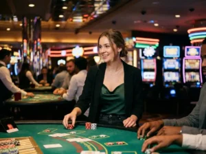 fachai slot young woman player in casino night scene playing table games inside a real casino