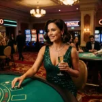 fb777 slot casino login – glamorous lady inside a real casino under night lighting surrounded by slot machines and vibrant casino ambiance