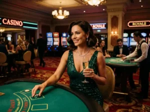 fb777 slot casino login – glamorous lady inside a real casino under night lighting surrounded by slot machines and vibrant casino ambiance