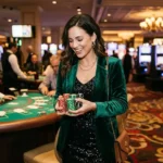 Fashionable woman guest inside a real casino holding winning chips, showcasing excitement near gaming tables – fb777 slot casino login Philippines