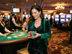 Fashionable woman guest inside a real casino holding winning chips, showcasing excitement near gaming tables – fb777 slot casino login Philippines