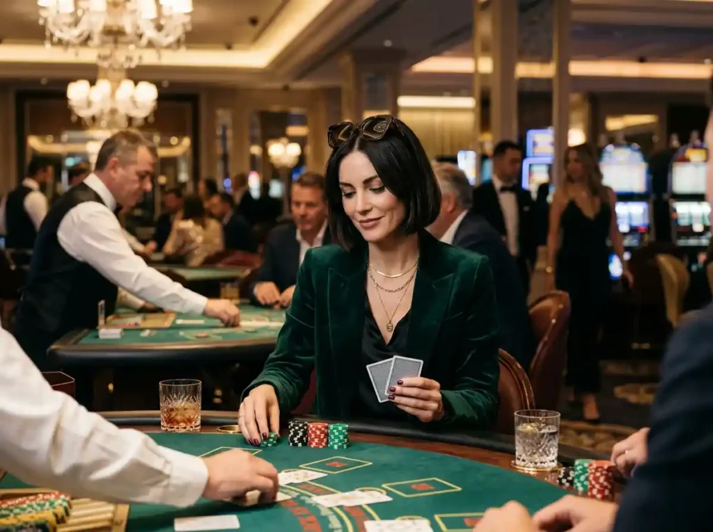 Stylish woman playing cards inside a casino, enjoying the lively gaming atmosphere with chips and tables visible, fb777 slot casino login Philippines experience vibe.