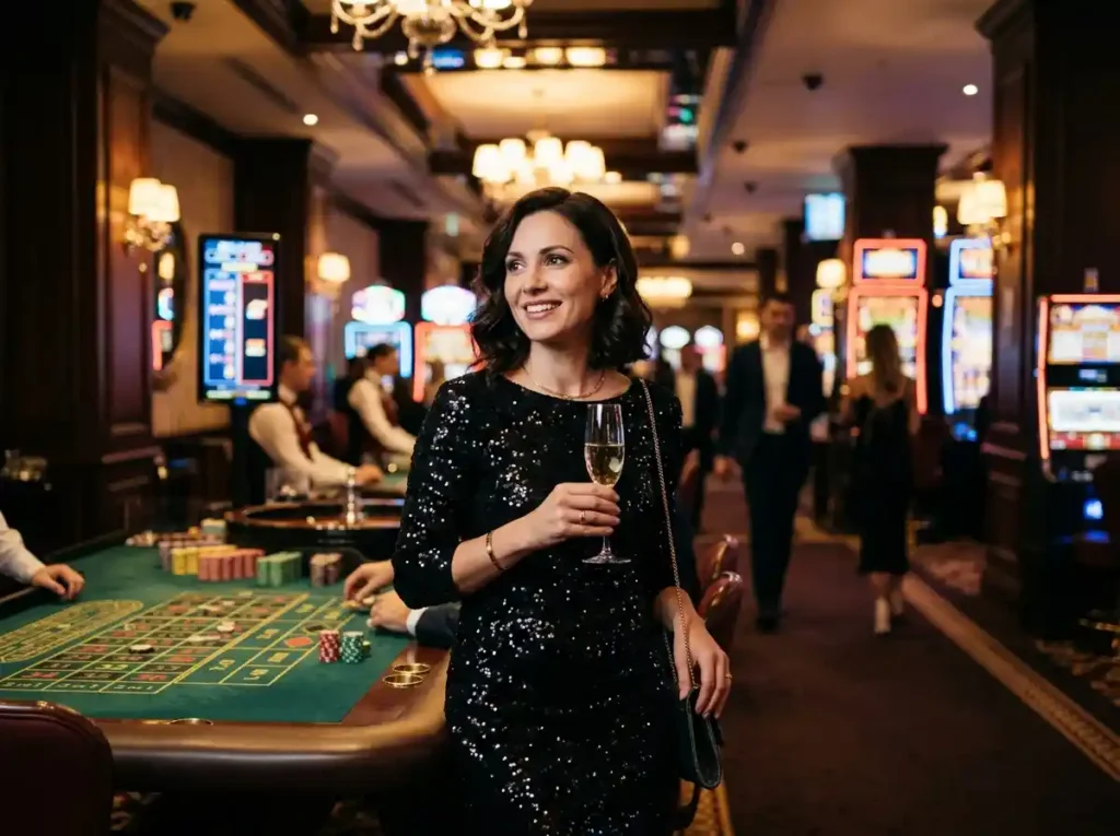 fb777 slot casino login Philippines – a woman enjoying the lively casino ambience inside a real casino floor with slot machines and vibrant lights