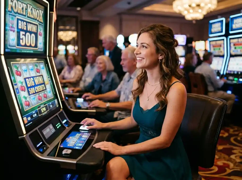Young woman playing a slot machine inside a casino, representing fb777 slot casino login Philippines promotional content.