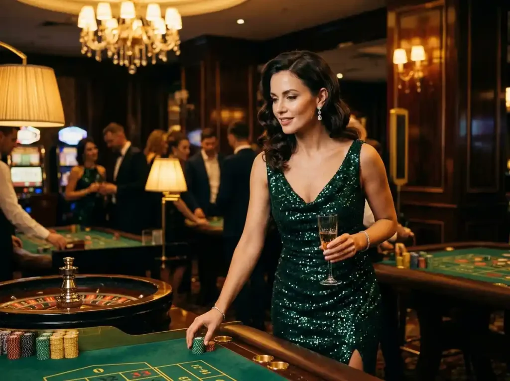 Smiling woman playing at slot machines inside a real casino during fb777 slot casino login promotional shoot