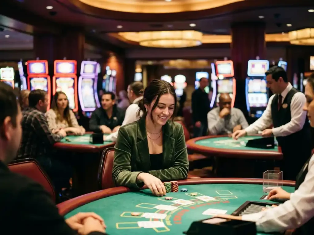 fb777 slot casino login – young female player enjoying slot machines inside a real casino night scene with vibrant lights and gaming atmosphere