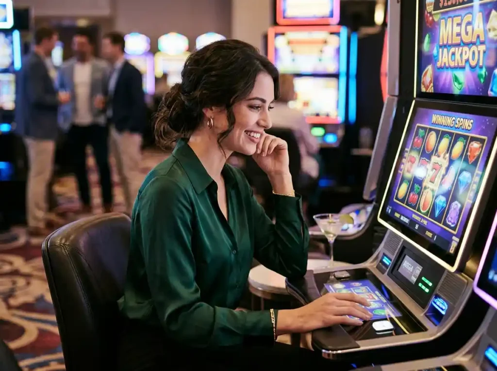 Young woman enjoying slot machines inside a casino floor, fb777 slot casino login experience