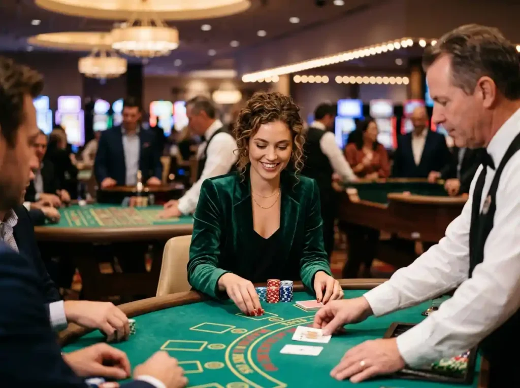 Beautiful woman trying her luck at a casino table inside a real gaming floor at fc178 casino
