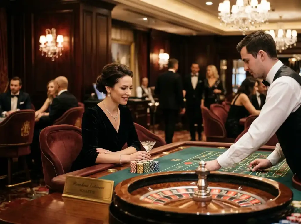 Woman enjoying a luxury gaming experience inside a casino at fc178 casino, surrounded by elegant tables and vibrant casino lights.