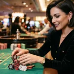fc178 casino stylish woman holding casino chips in a close-up shot inside a real casino setting