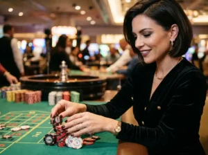 fc178 casino stylish woman holding casino chips in a close-up shot inside a real casino setting