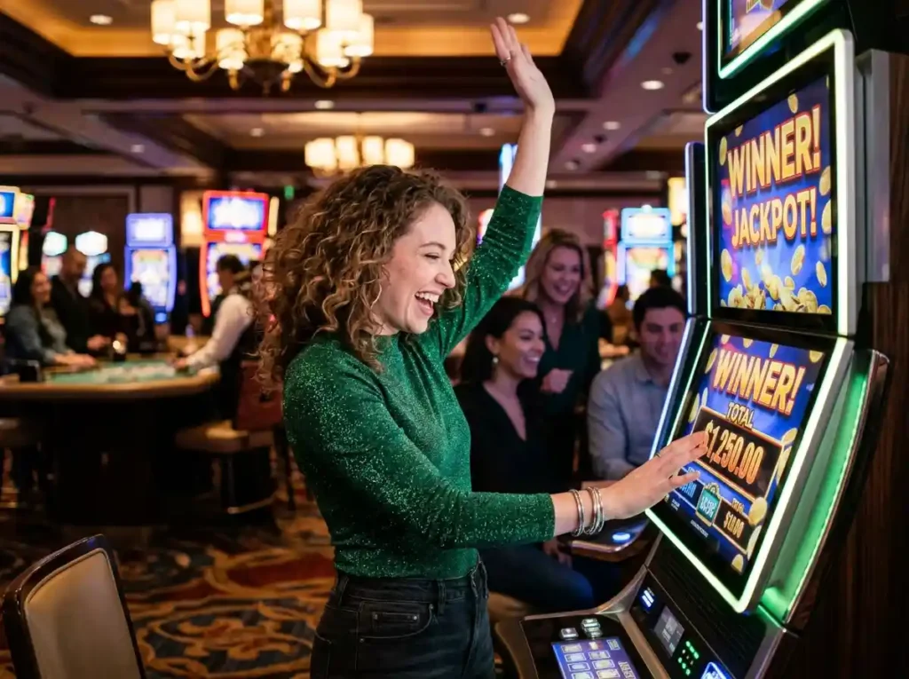 fc178 casino young lady enjoying a slot machine win inside a real casino floor, smiling while celebrating her payout