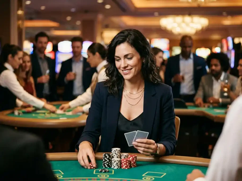 fc178 slot lifestyle scene of a woman inside a casino holding playing cards and chips at a gaming table surrounded by casino lights and activity