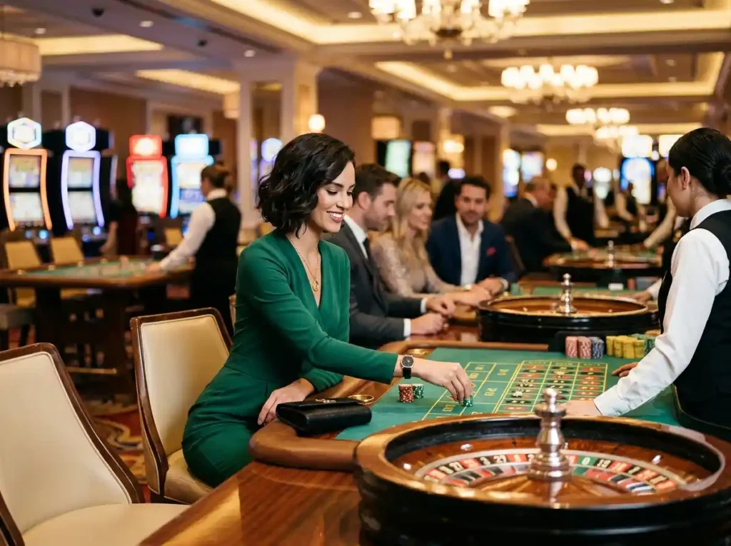 fc178 slot stylish female guest playing casino games inside a real casino environment with gaming tables and slot machines