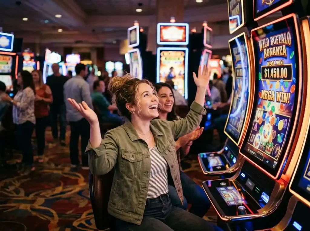 fc178 slot – young woman enjoying a slot machine win inside a casino, celebrating on the gaming floor