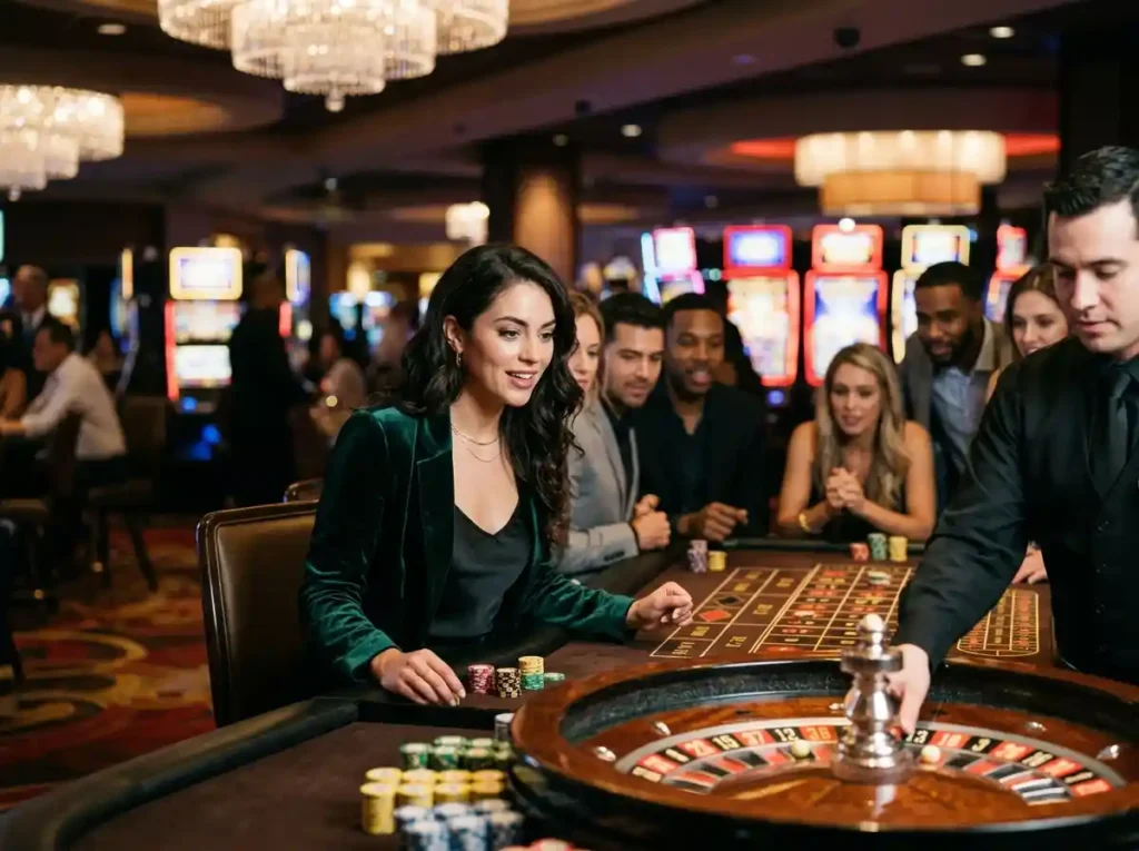 Beautiful lady playing at a casino table enjoying fc77 casino atmosphere