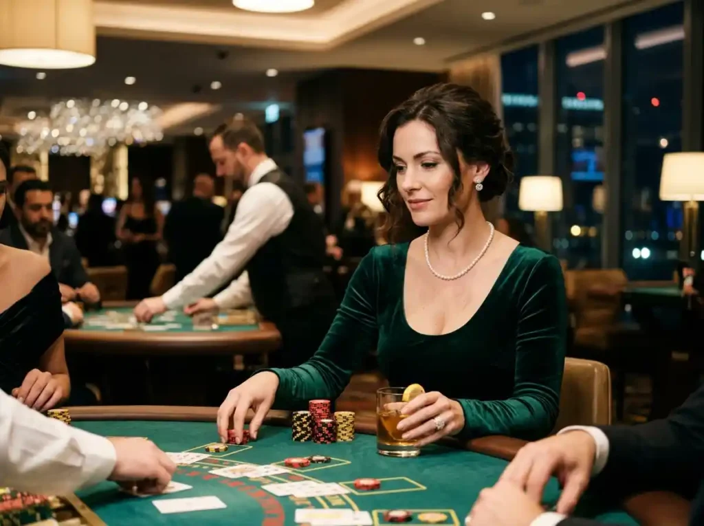 Elegant female player enjoying a game at a casino table at night in FC77 casino
