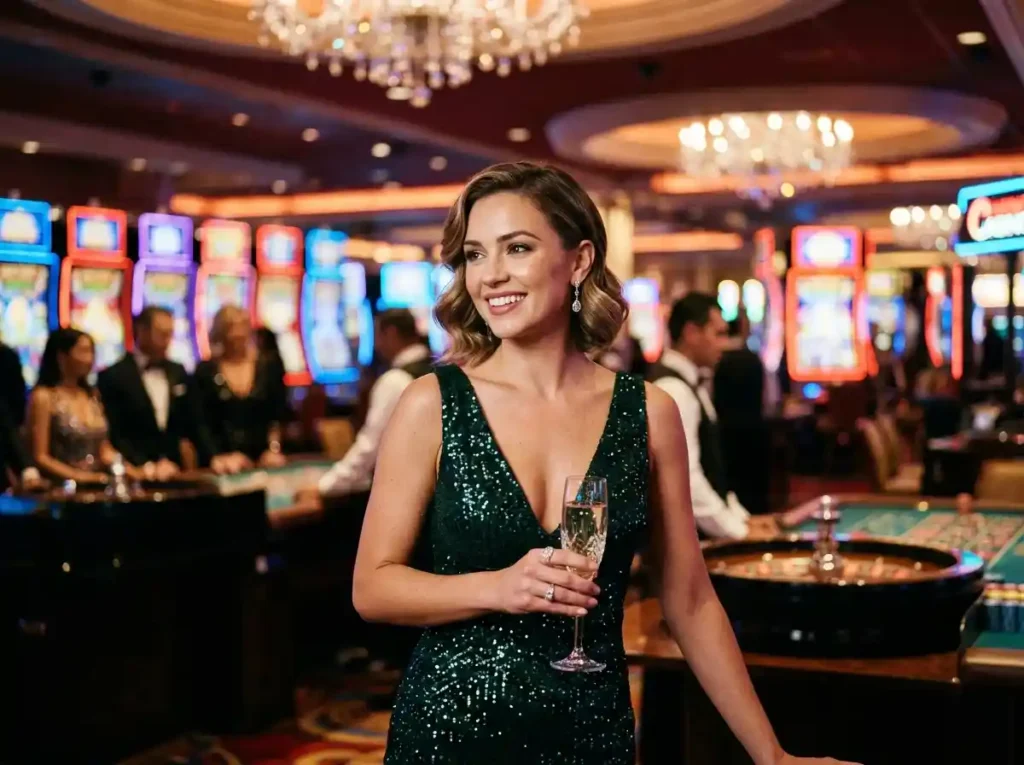 Glamorous woman enjoying the vibrant atmosphere of fc77 casino with colorful lights and gaming tables