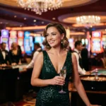 Glamorous woman enjoying the vibrant atmosphere of fc77 casino with colorful lights and gaming tables