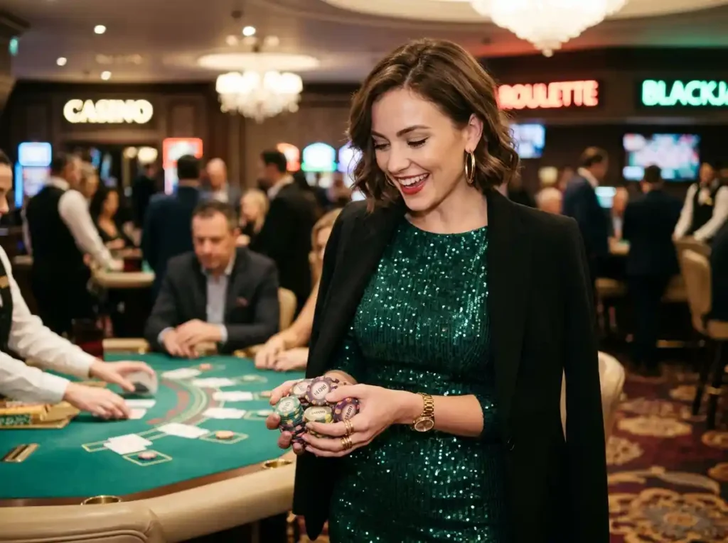 PG Soft demo fashionable woman holding winning casino chips inside a luxury casino