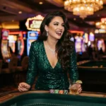 PG Soft demo glamorous lady enjoying casino lights while playing slot machines