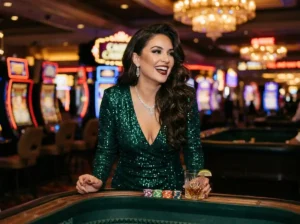 PG Soft demo glamorous lady enjoying casino lights while playing slot machines