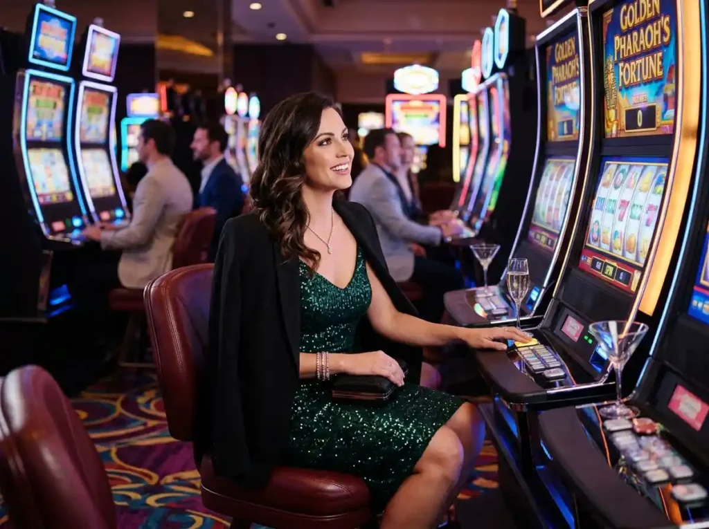 PG Soft demo glamorous woman enjoying slot machines inside a modern casino
