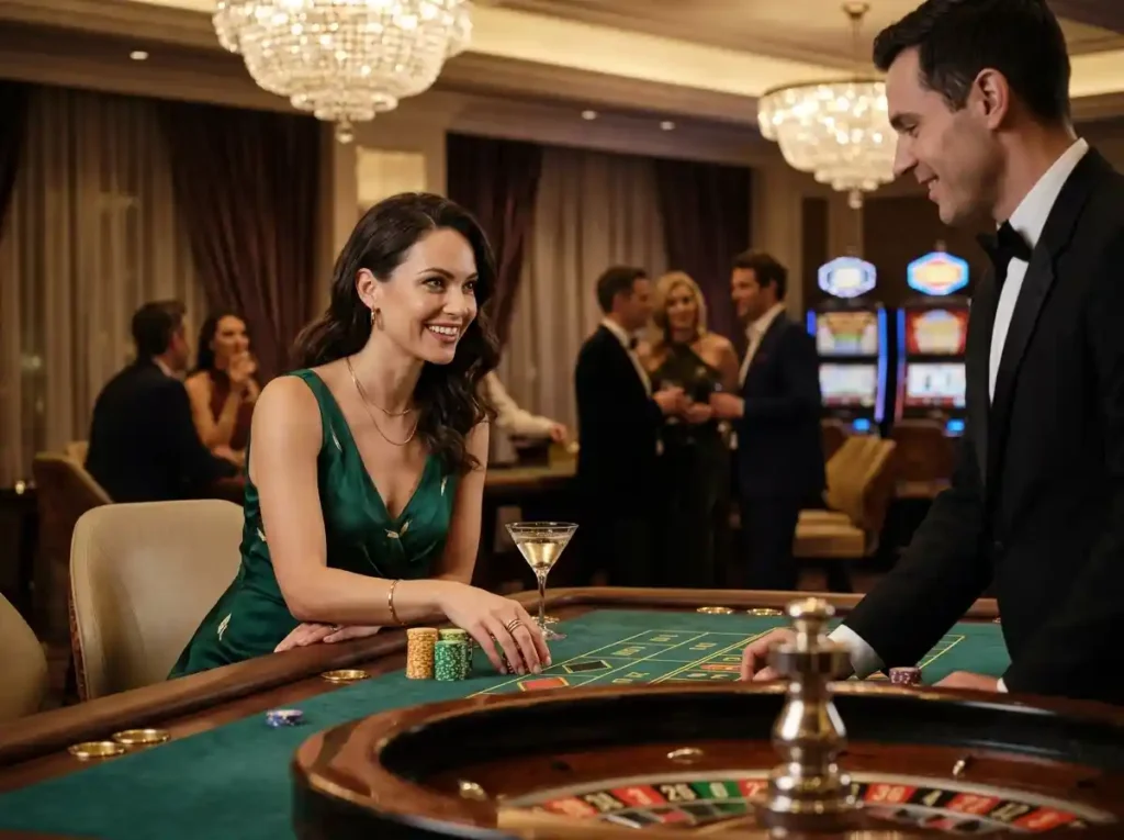 Stylish woman enjoying a luxury casino experience with pg soft demo theme in an elegant gaming environment