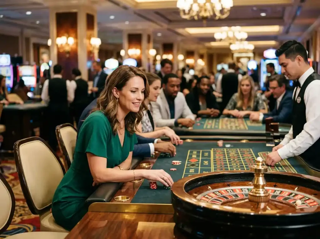 Play wild bounty beautiful woman trying her luck at a casino table inside a real casino floor, surrounded by gaming tables and lights