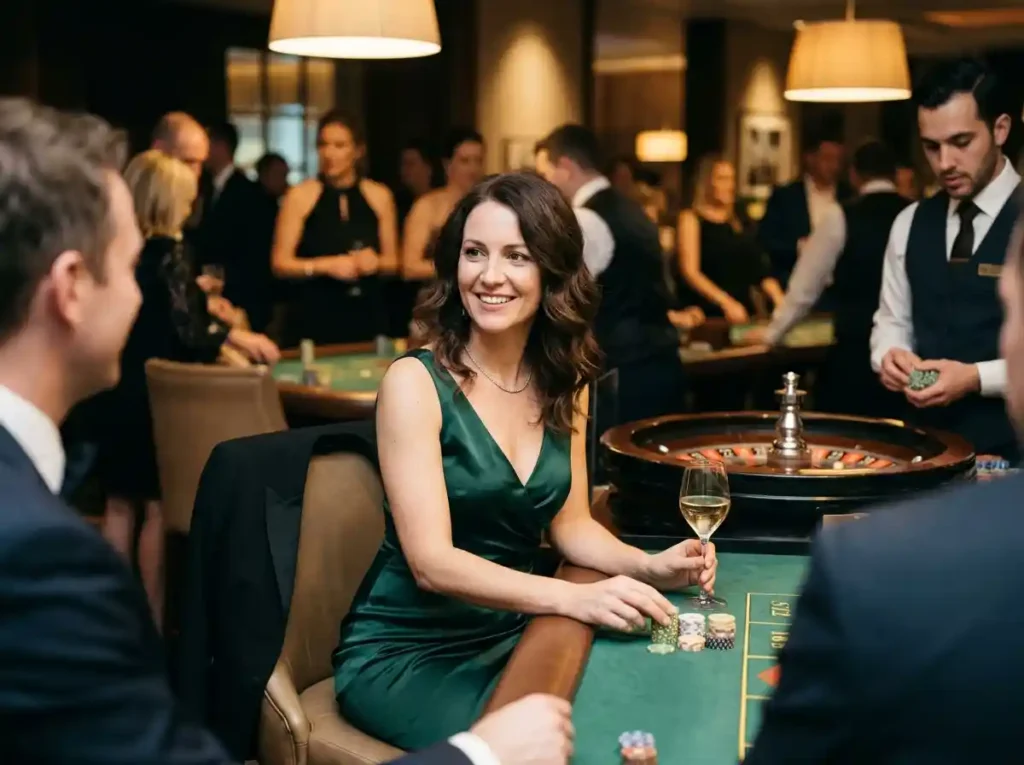 Elegant female player smiling while enjoying play wild bounty at a roulette table inside a casino
