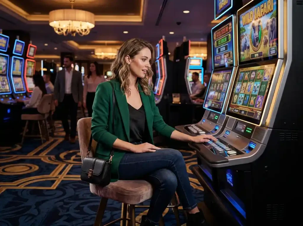 play wild bounty fashionable casino woman guest playing slot games inside a real casino floor at a slot machine