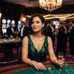 play wild bounty glamorous woman guest inside a real casino under night lighting enjoying the gaming atmosphere