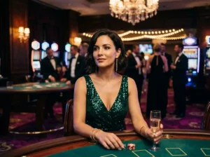 play wild bounty glamorous woman guest inside a real casino under night lighting enjoying the gaming atmosphere