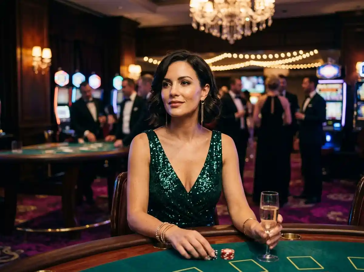 play wild bounty glamorous woman guest inside a real casino under night lighting enjoying the gaming atmosphere