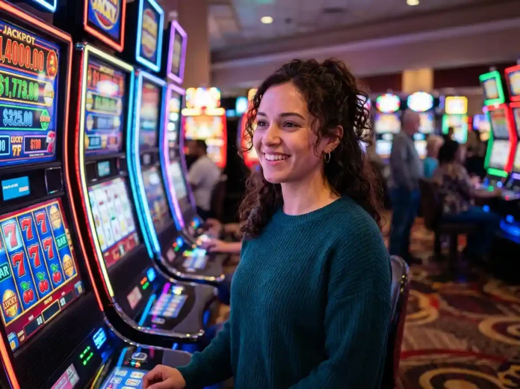 Smiling young woman inside a casino near illuminated slot machines, enjoying a slot machine jackpot moment with vibrant lights and excitement.