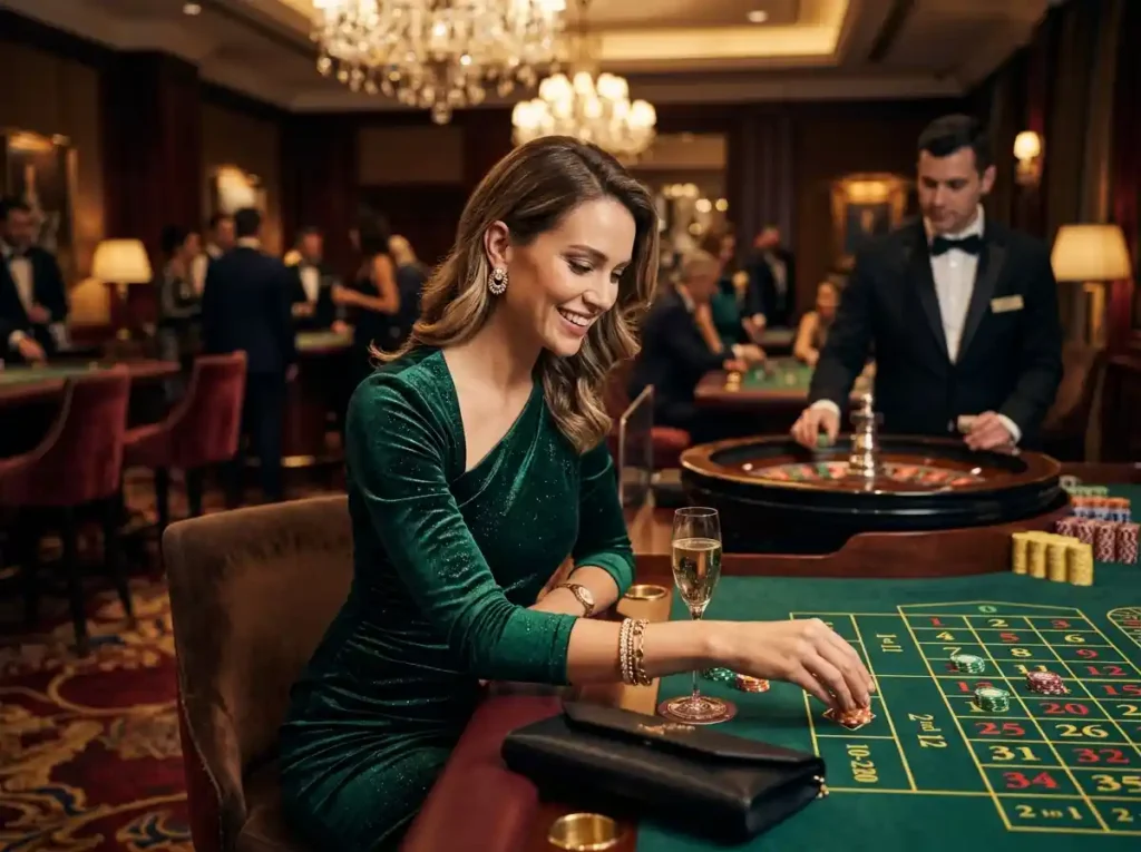 Stylish woman playing table games inside a casino while experiencing the excitement of a slot machine jackpot atmosphere in a luxury gaming environment.